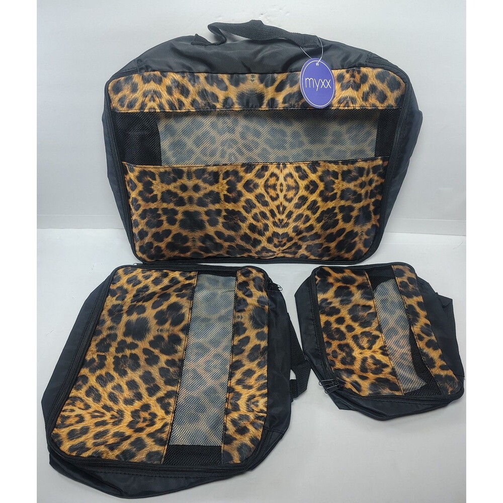Myxx Three Piece Cube Leopard Print Zip Up Travel Bag Set Make Up Jewelry NEW